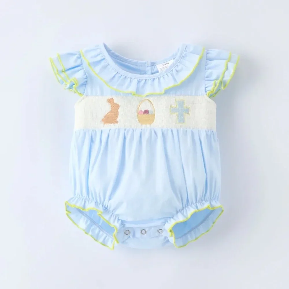 Boutique Easter Bunny Rabbit Baby Girls Embroidered Smocked Romper Jumpsuit